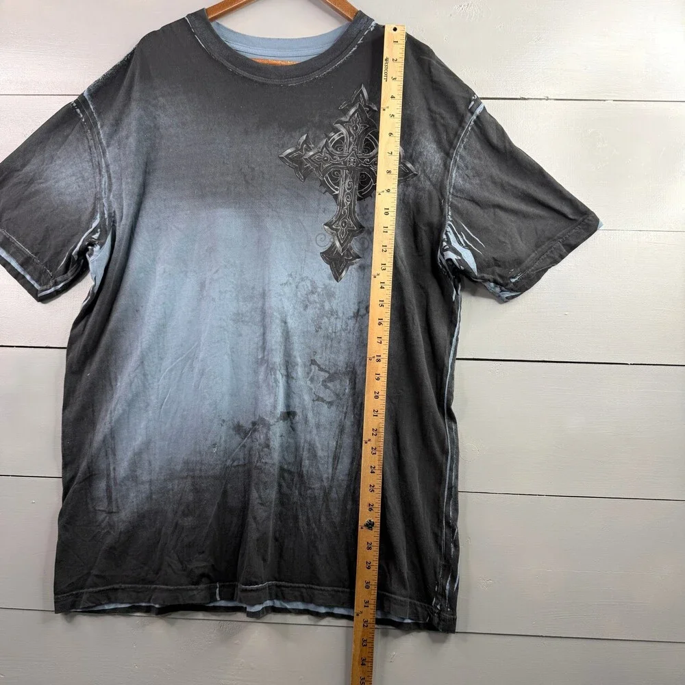 Affliction T Shirt Mens 3XL Blue Black Cross Graphic Wings Y2K Biker MMA Tee